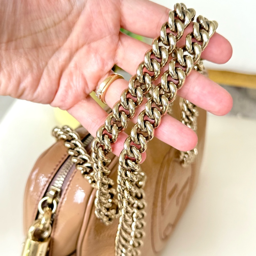 Gucci SoHo Small Tan Patent Leather Top Zip Chain Strap Tassel Shoulder Bag - Picture 8 of 17